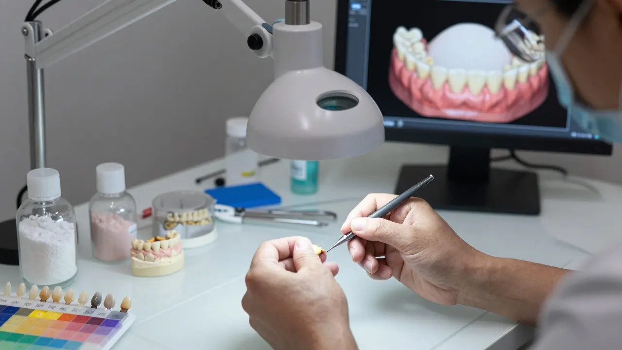 Zubní technik ručně barví keramickou korunku pod lůžkovou lampou.