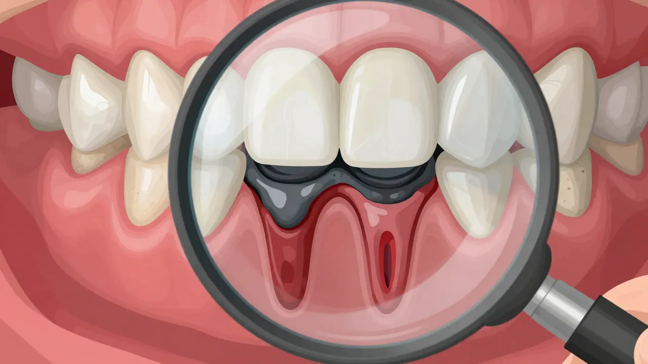 Zvětšený pohled na zuby s vrstvami: plastové náplně nad poškozeným zubem a zánětlivými dásněmi.
