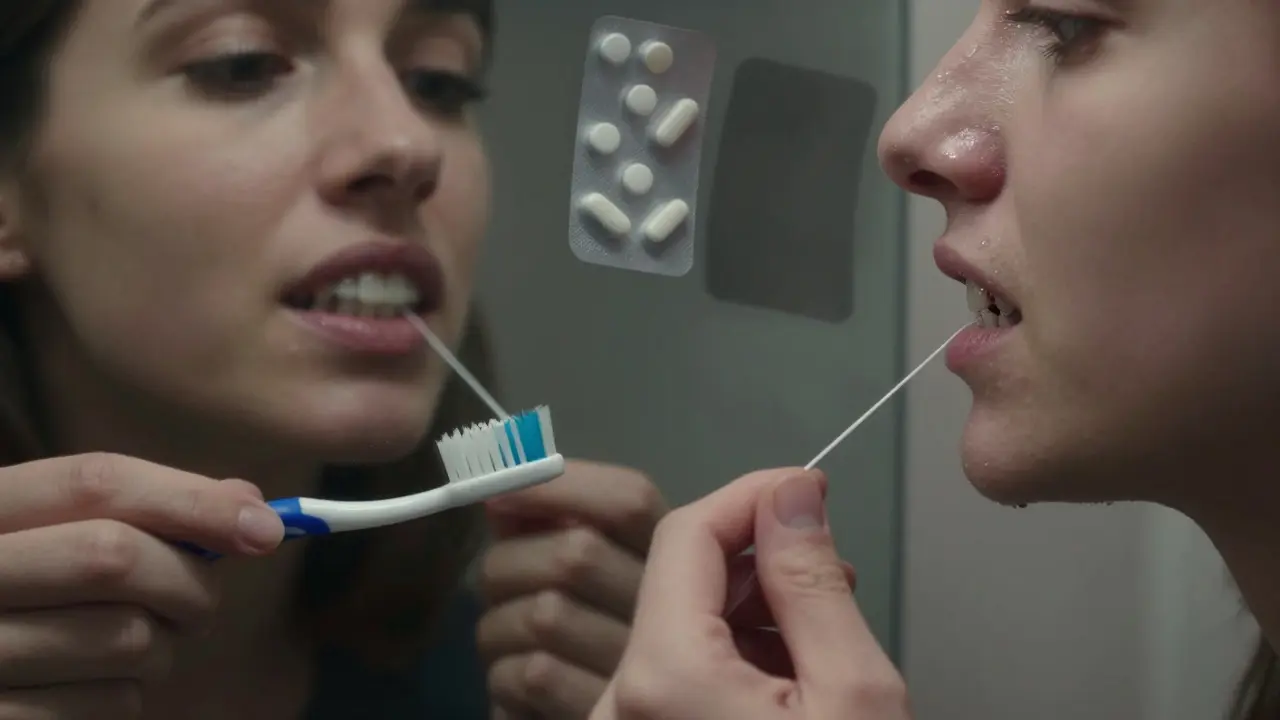 Člověk v zrcadle s dvěma verzemi svých zubů: zdravých a poškozených, s léky nad hlavou jako příčinou.
