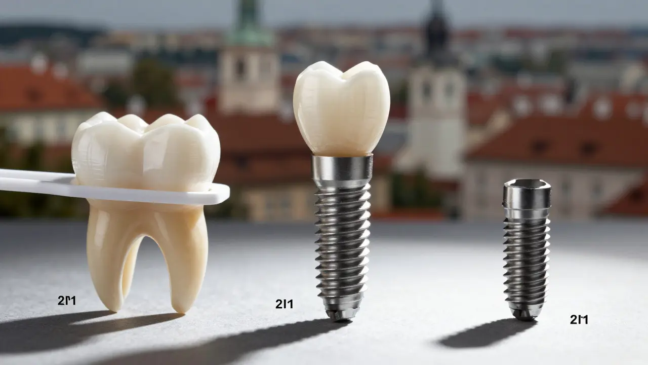 Comparison of three dental restoration methods: implant, bridge, and incomplete implant.