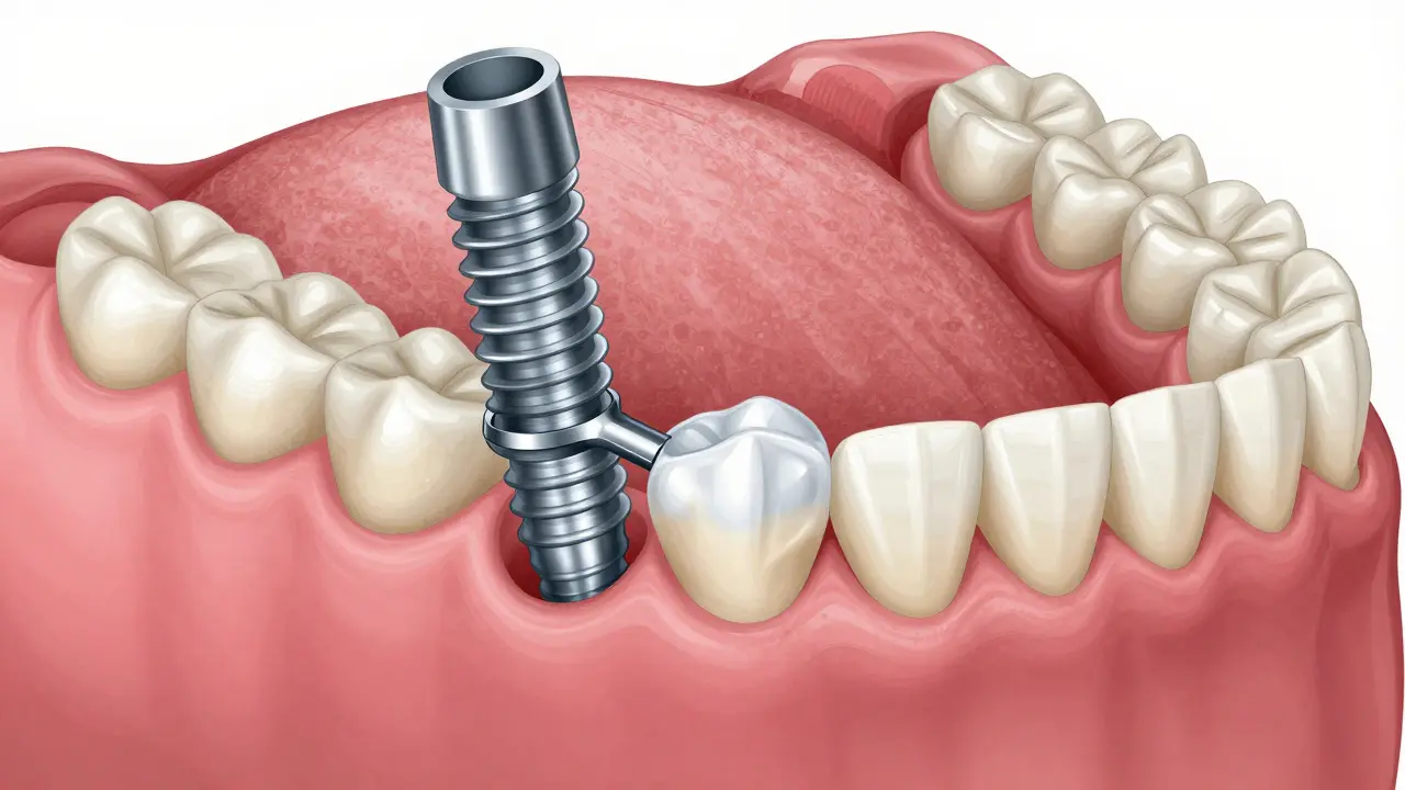 Cross-section of jawbone showing full dental implant system with abutment and zirconia crown.