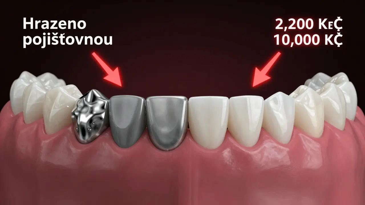 Dental chart contrasting covered amalgam fillings with expensive composite and ceramic options marked with price tags.