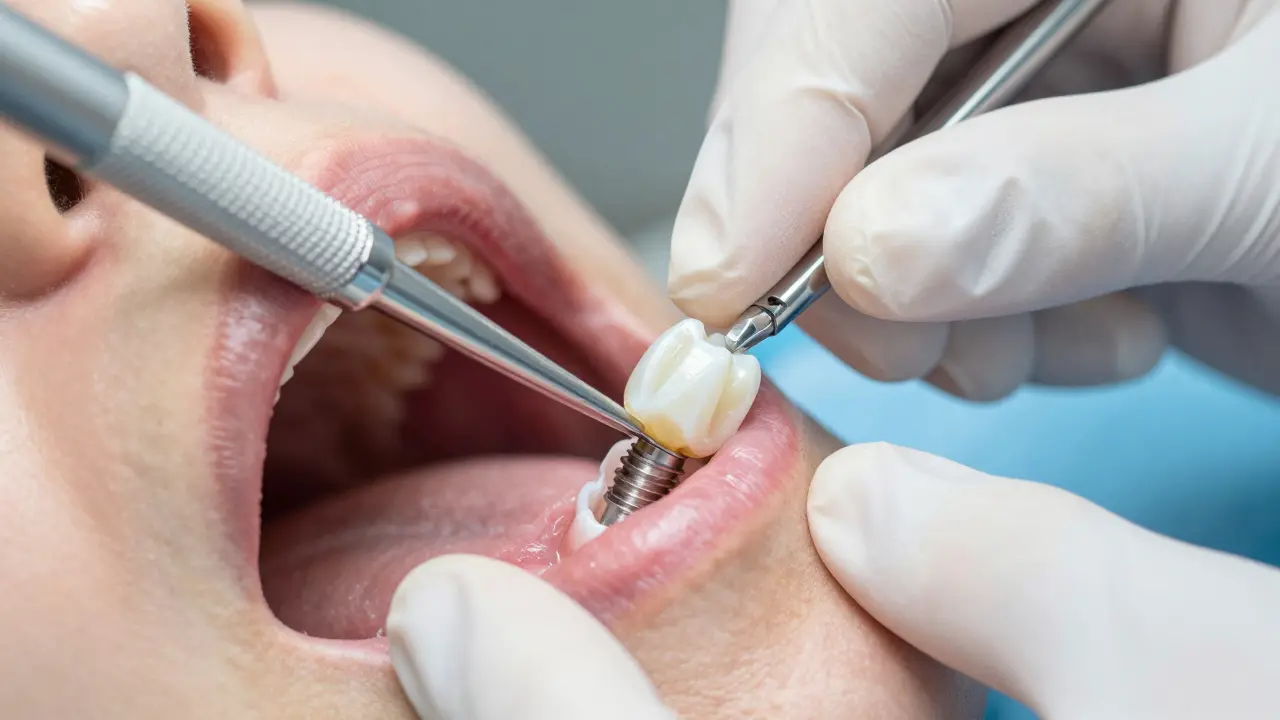 Dentista vkládá zirkonový implantát do čelisti