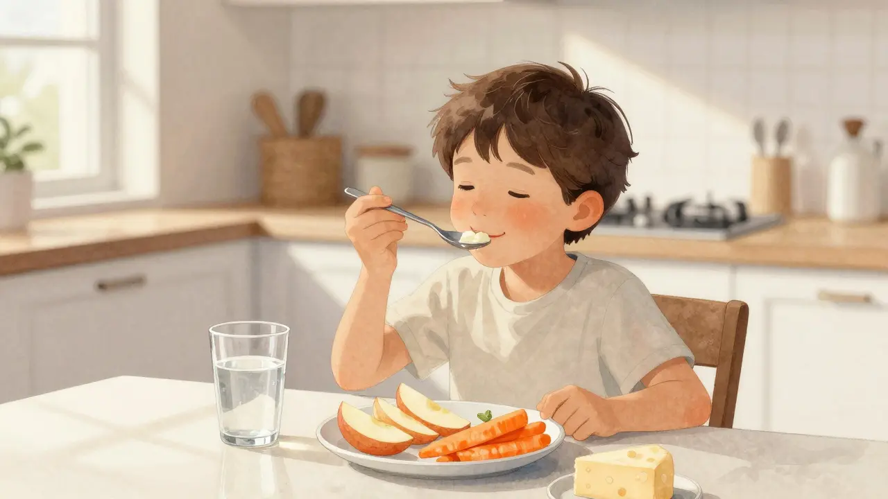 Dítě provádí olejové vyplachování kokosovým olejem při jídelním stolu s zdravými potravinami.