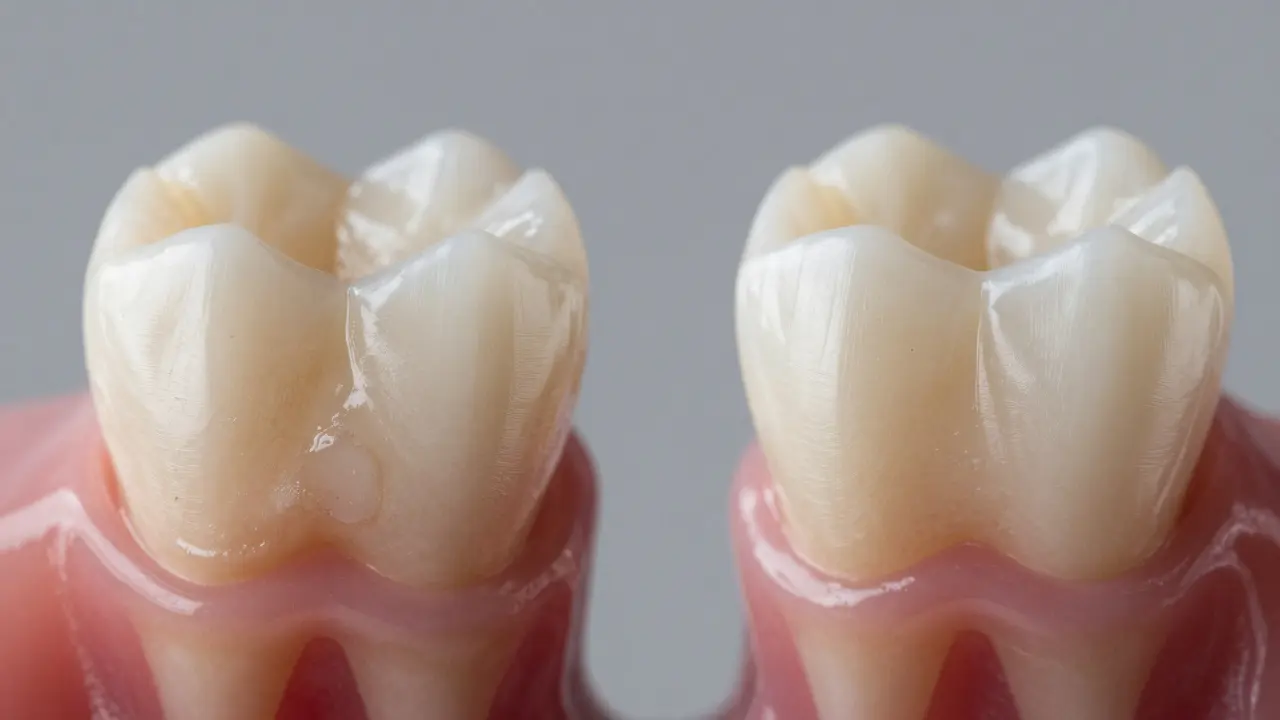 Dva zuby: jeden s náplakem a zubním kamenem, druhý čistý a hladký