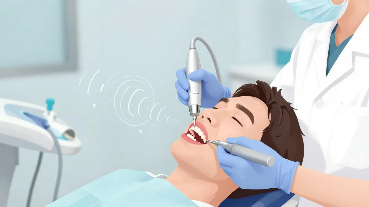 Hygienistka odstraňuje zubní kámen ultrazvukovým přístrojem při čištění.