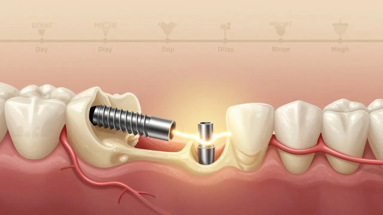 Implantát postupně spojující se s kostí, symbolizující osteointegraci v teplém zlatém světle.