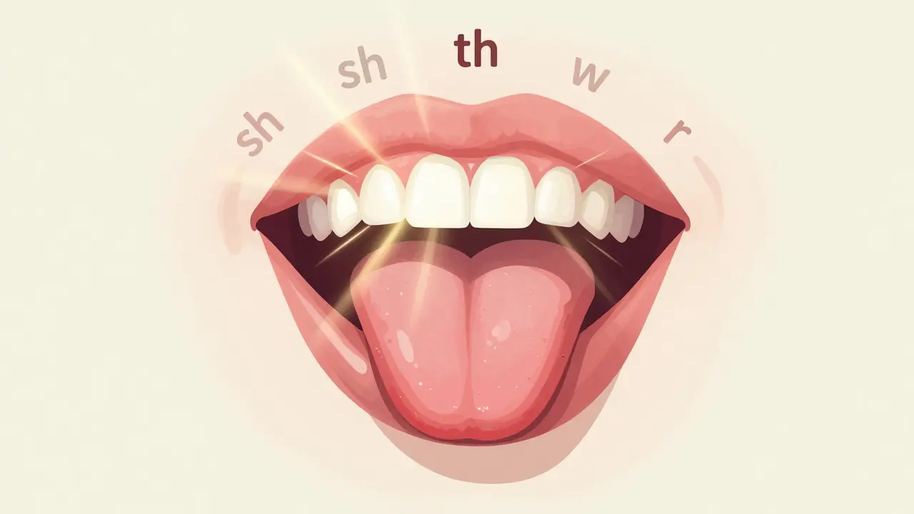 Jazyk klidně spočívá na správně postavených zubech, zatímco zkreslené zvuky mizí.