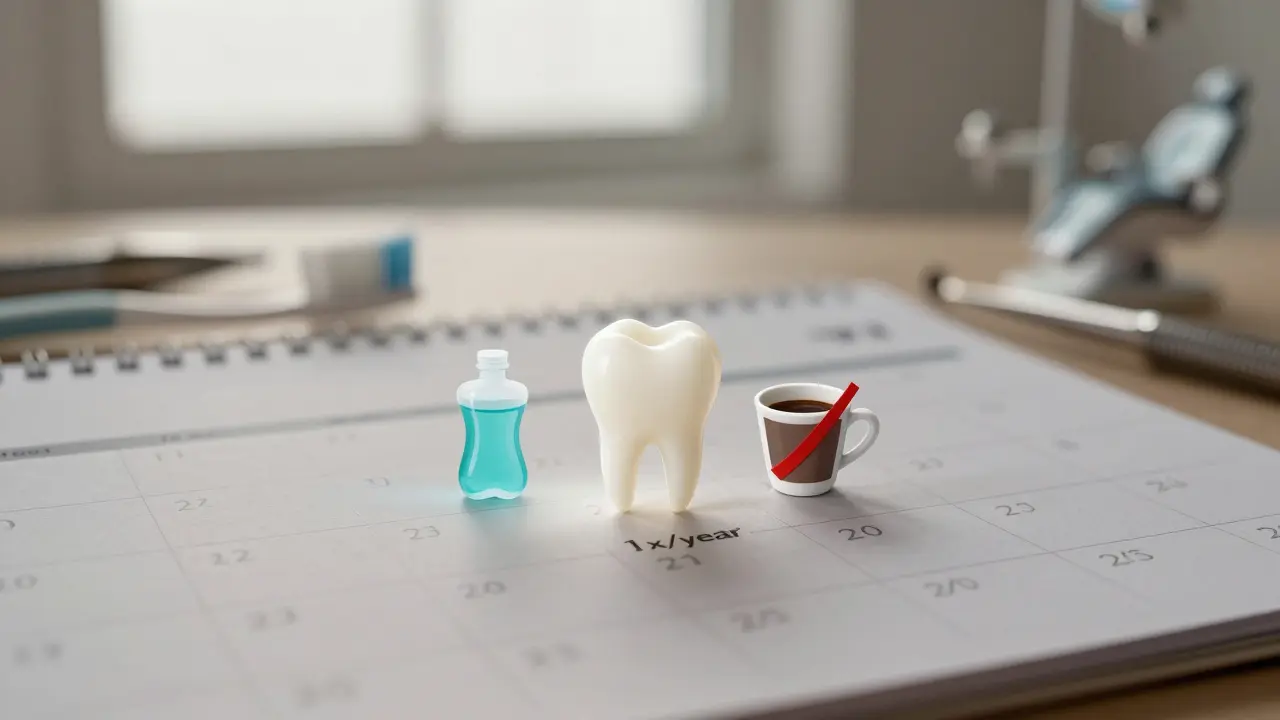 Kalendář s označením jednoho bělení za rok a symboly péče o zuby.