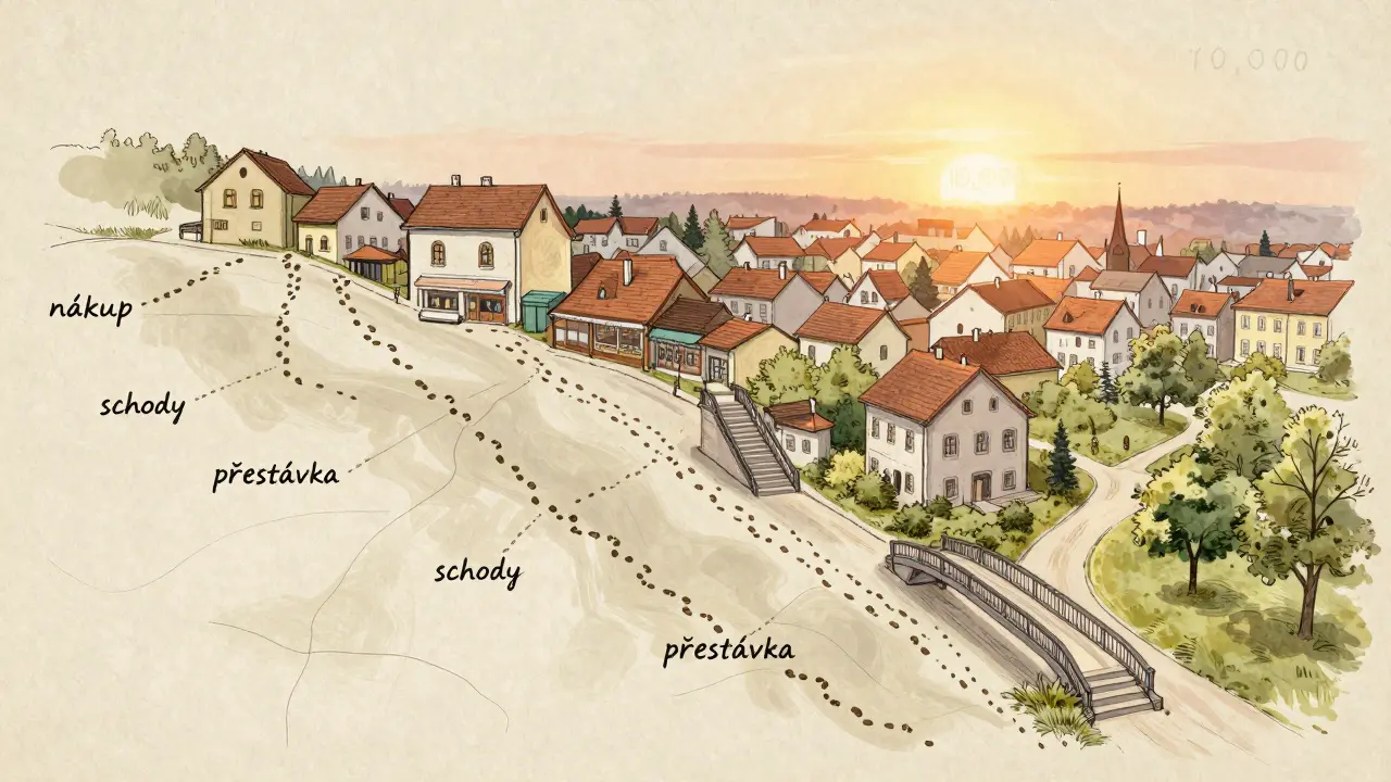 Mapa českého města s tisíci drobných kroků označujících běžné denní aktivity, jako nákupy, schody a procházky.