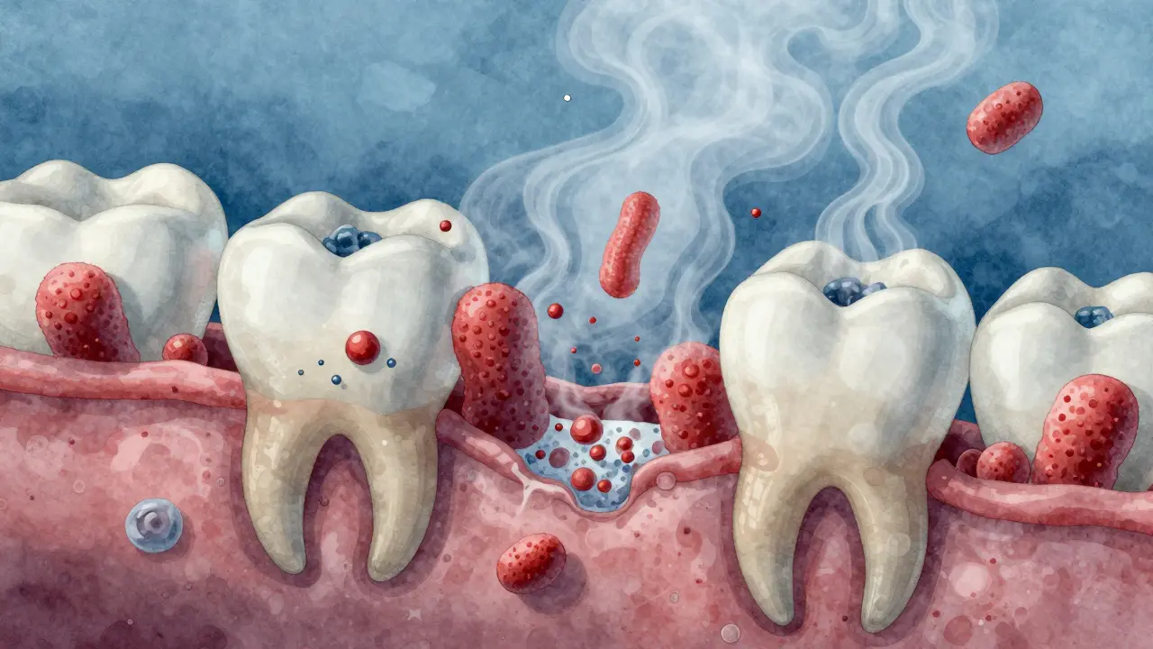 Mikroskopický pohled na bakteriální biofilm v mezizubním prostoru při nedostatku sliny a ztrátě minerálů.