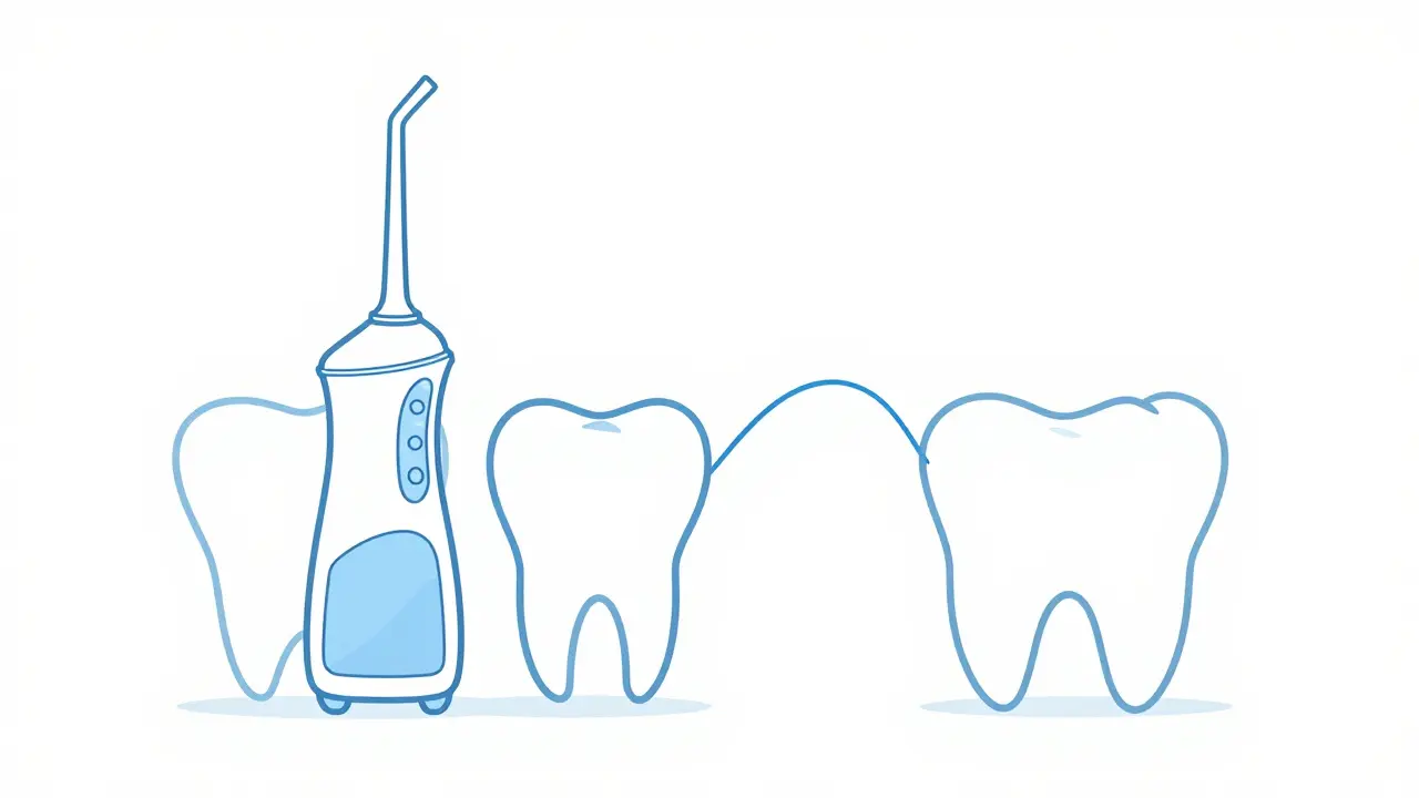 Minimální čáry zobrazující zubní nit a vodní flosser mezi zuby.