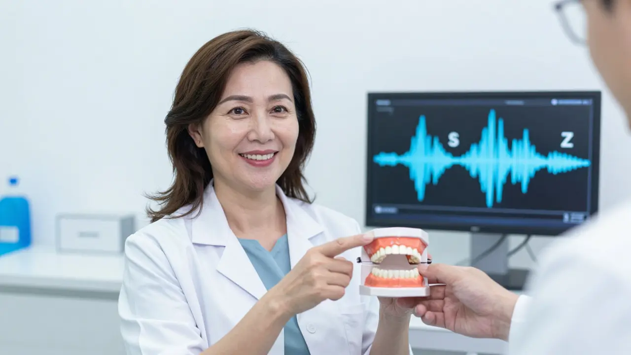 Ortodont ukazuje pacientce 3D model zubního oblouku s nesrovnáním a výslovnostními vady.