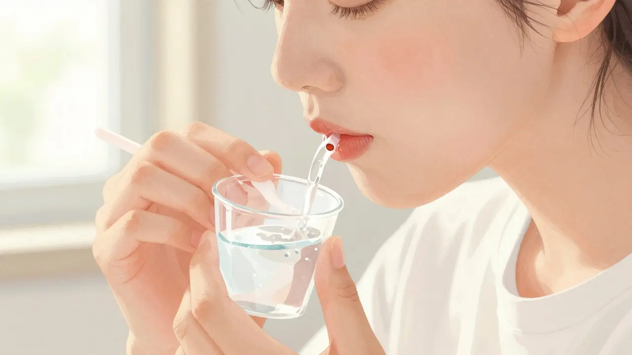 Osoba opatrně pláchnoucí ústa fyziologickým roztokem bez použití zubního kartáčku.