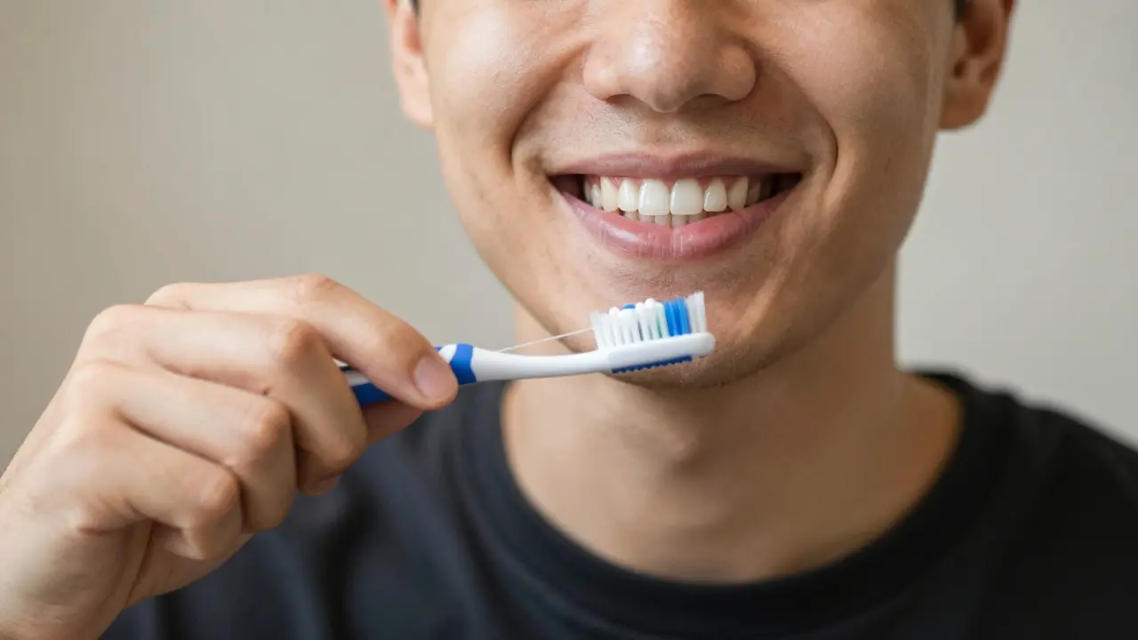 Osoba s implantátem čistí zuby mezizubní nití