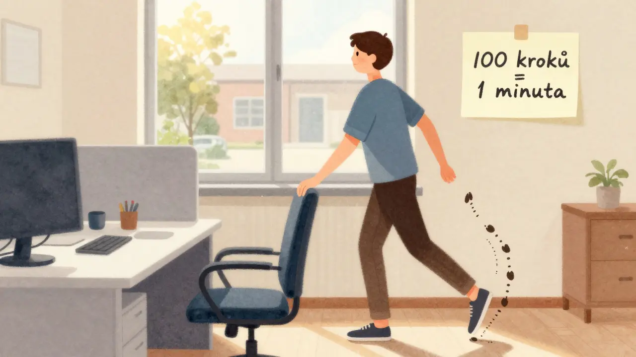 Osoba si během pracovní přestávky udělá krátkou procházku u stolu, s viditelnými kroky ve vzduchu a pozoruhodnou poznámkou v češtině.