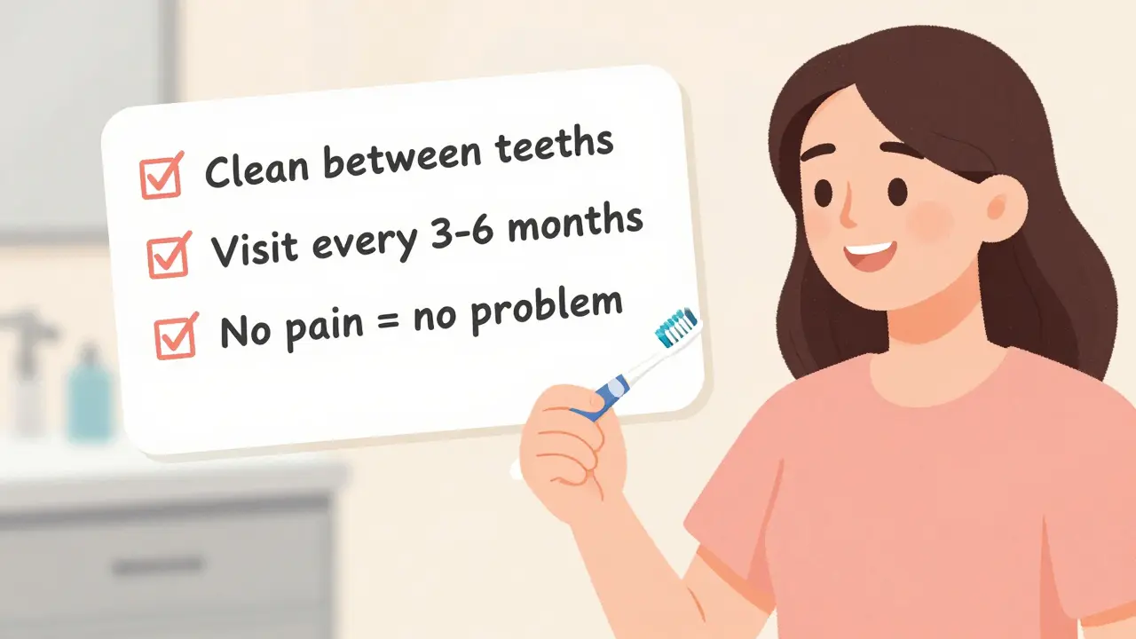 Pacient po hygieně drží kartáček a nitku s tipy na péči o zuby.