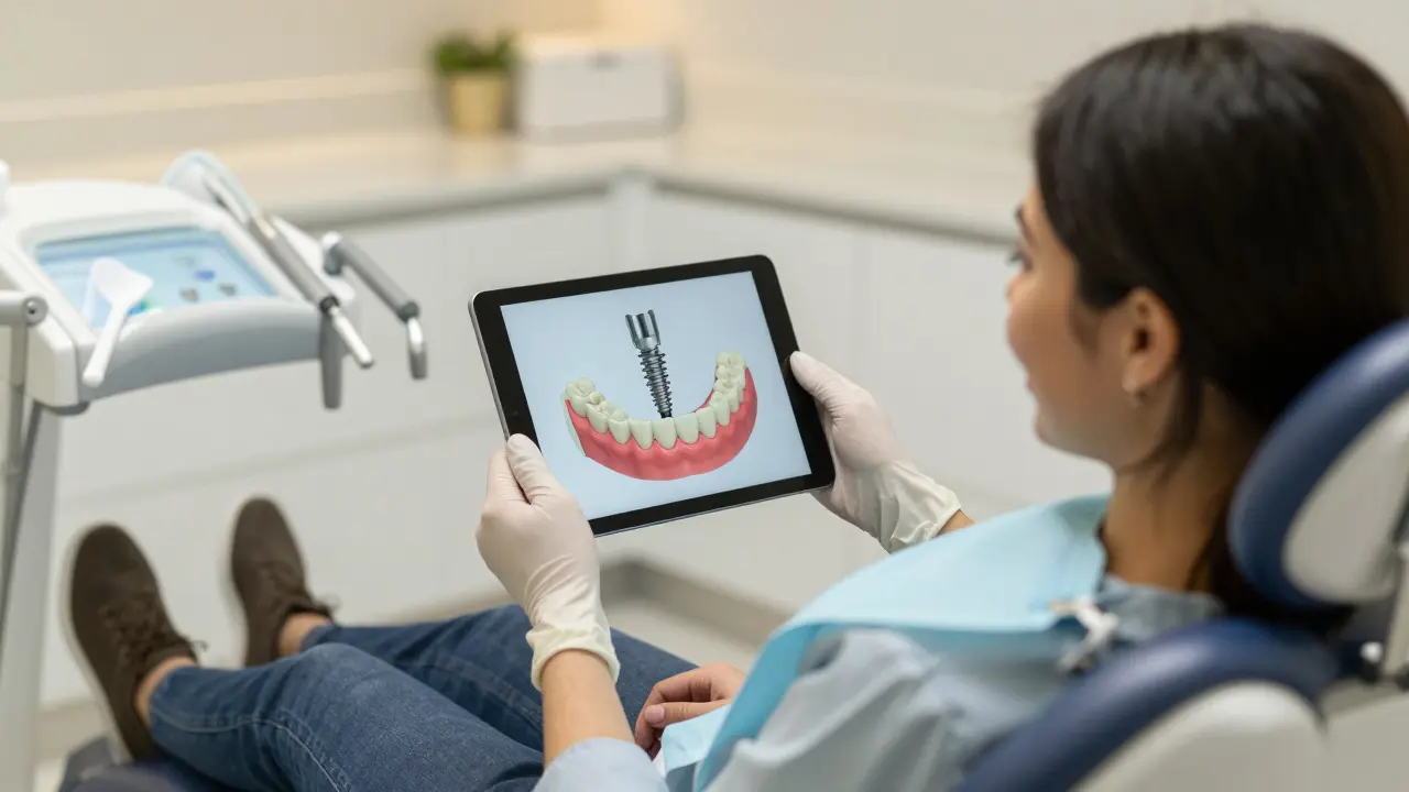 Pacient v klinice sleduje 3D model rekonstrukce chrupu, zatímco dentist vysvětluje léčebný plán.