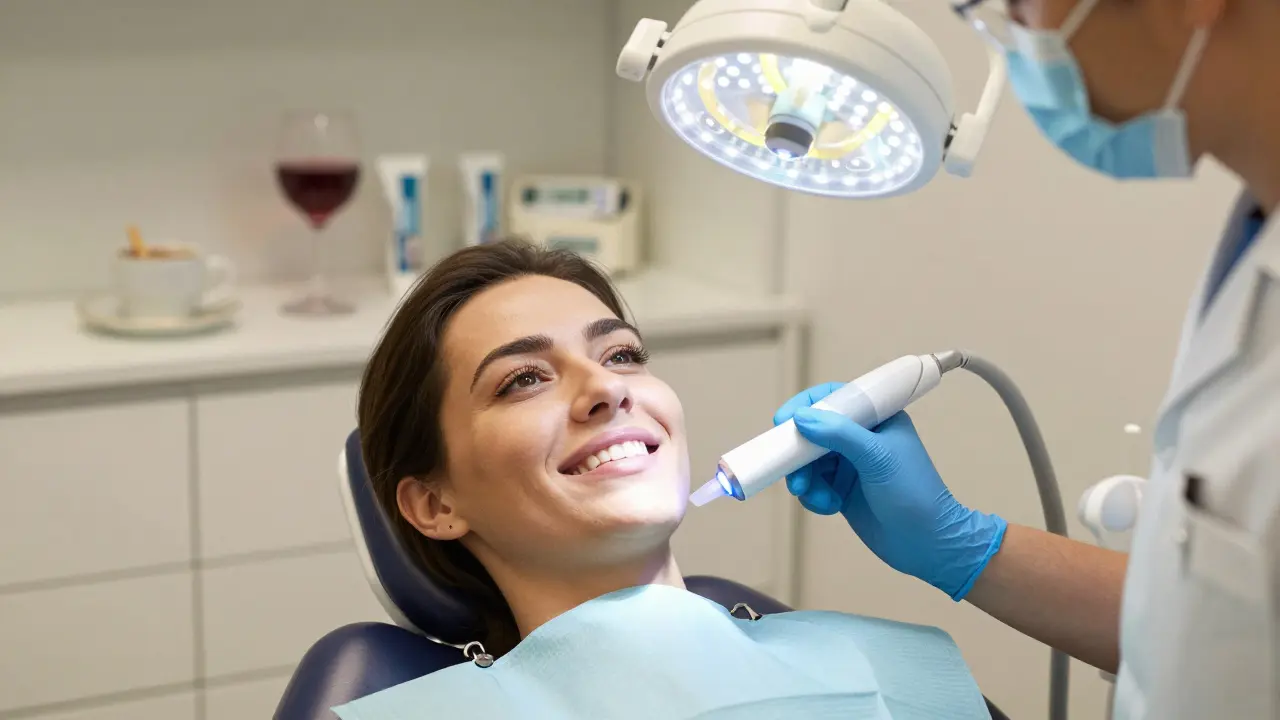 Pacient v zubní klinice během profesionálního bělení s výběrem potravin způsobujících zabarvení