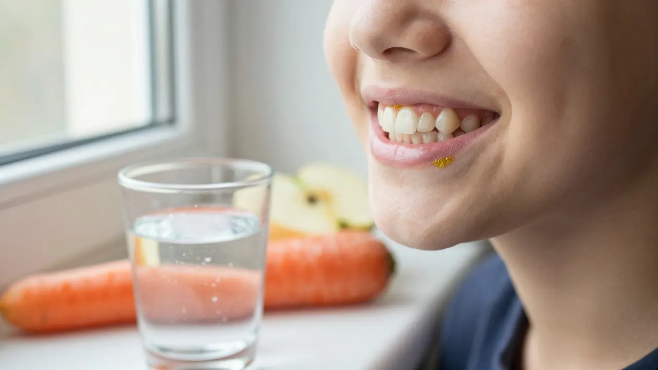 Pohled na zuby dítěte s mírným zubním kamenem a přírodními potravinami vedle něj.
