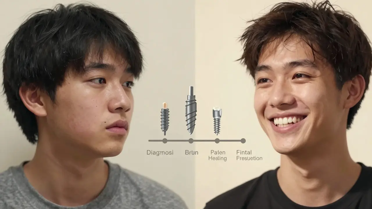 Porovnání před a po rekonstrukci chrupu: jedna strana ukazuje ztrátu výrazu, druhá plný, svěží úsměv.