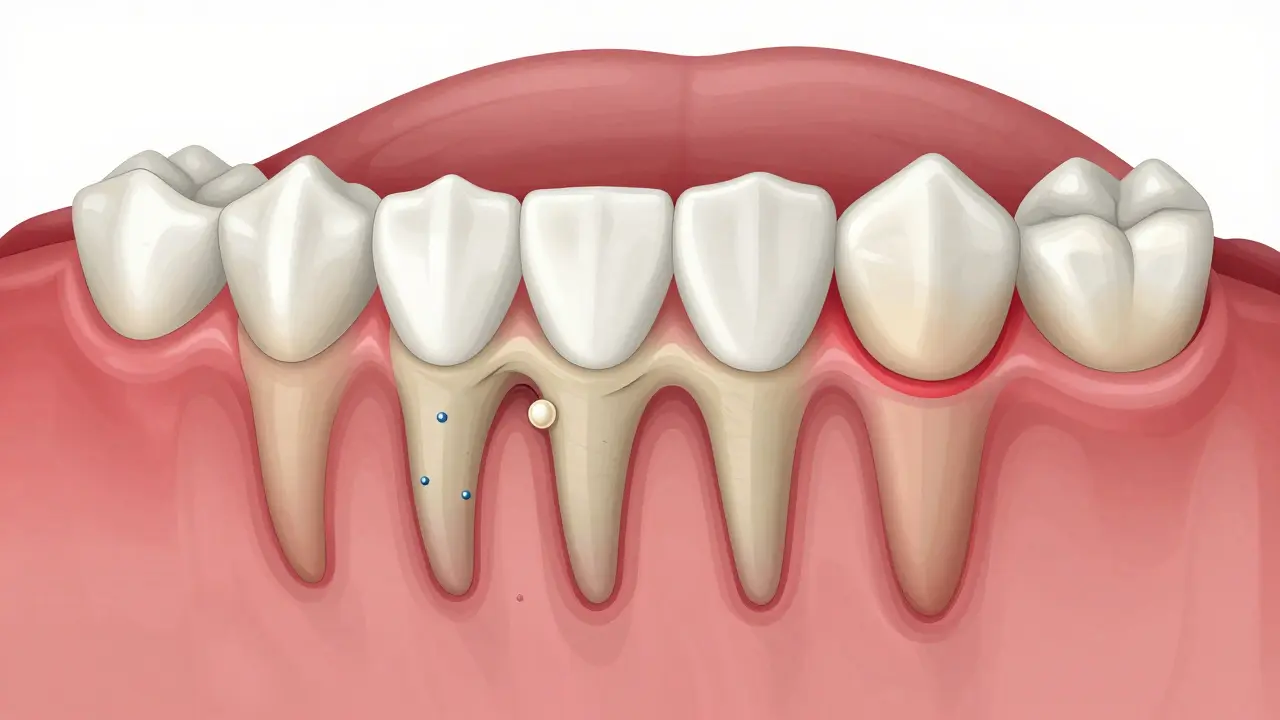 Porovnání zdravé a poškozené dásně s kalcifikovaným nánosem a rozpadem kosti.