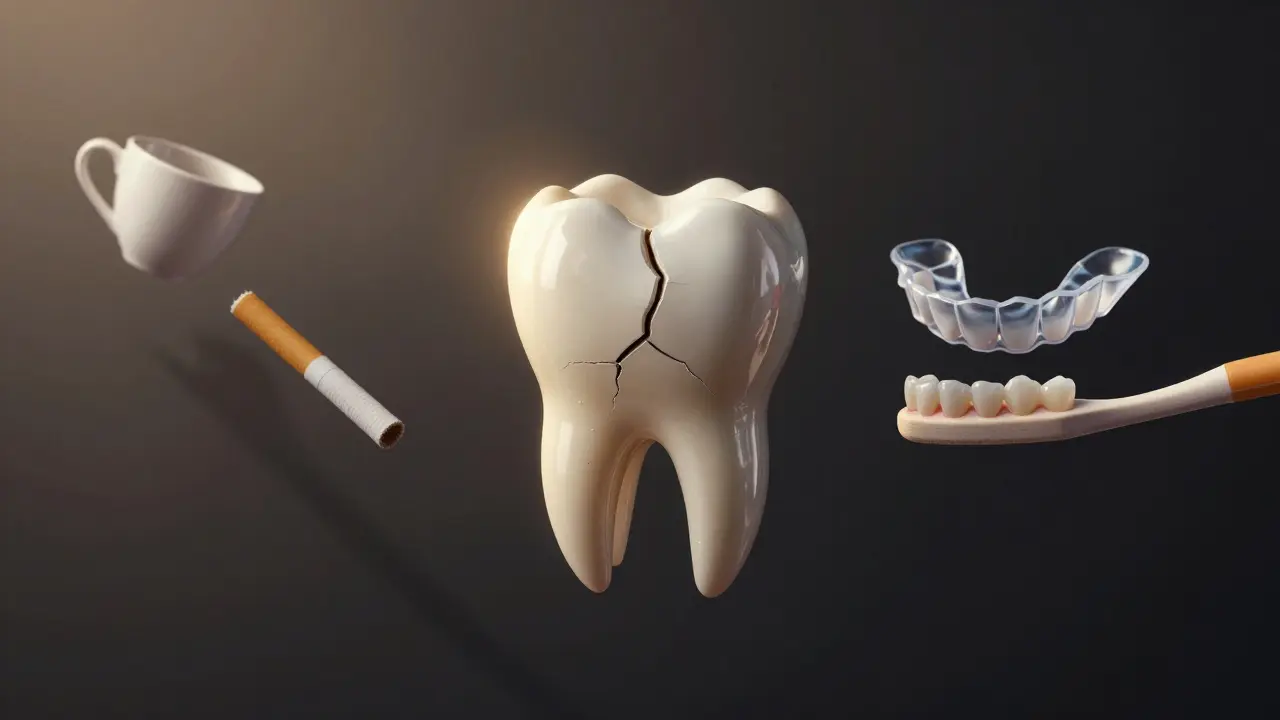 Poškozená fazeta vedle zdravého zubu s symboly špatných a dobrých návyků.