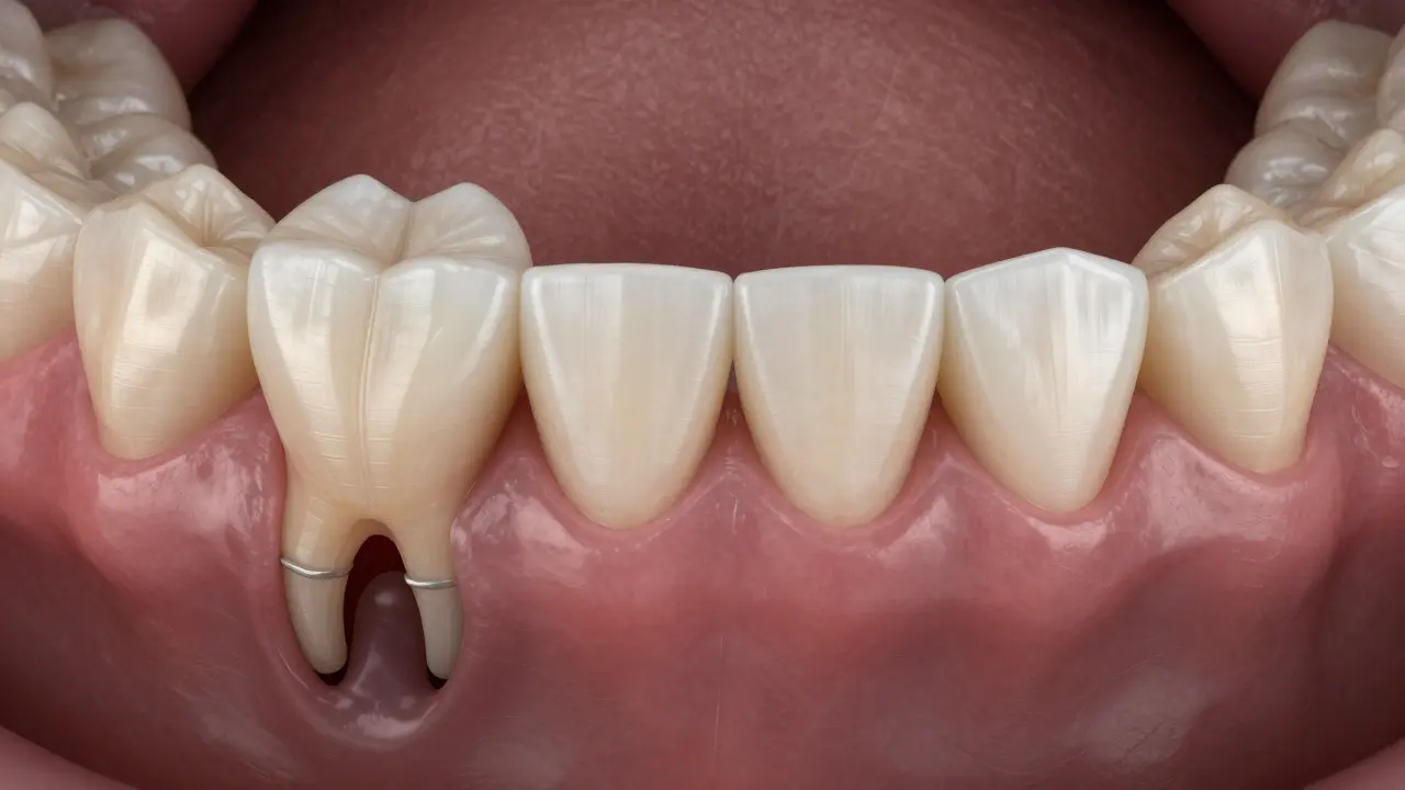 Před a po: zaniklá kost pod chybějícím zubem vlevo a obnovená kost s implantací vpravo.