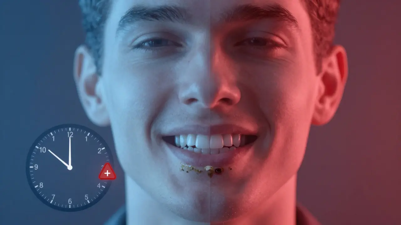 Průhledný přehled zdravého a nemocného zubu s ukazatelem času a varováním.