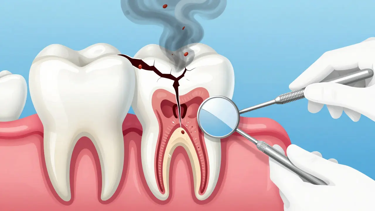 Průřez zubem s hlubokou trhlinou a bakteriemi pronikajícími do důlky, s korunkou.