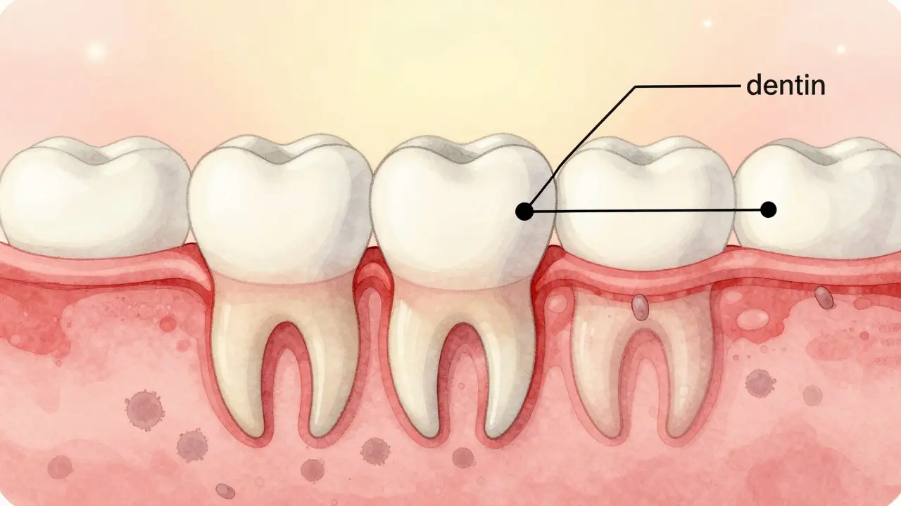 Průřez zubu s kariésem šířícím se z povrchu do hloubky, s bakteriemi a demineralizací.