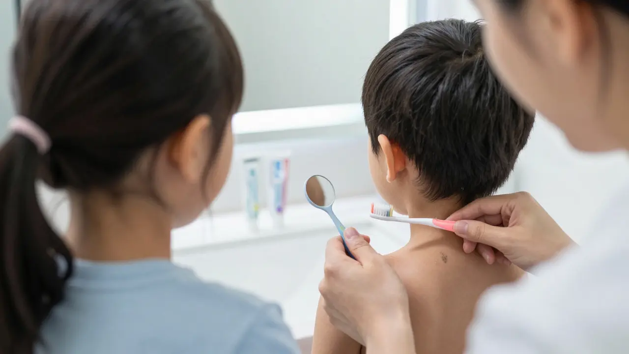 Rodič a dítě společně kontrolují zuby v zrcadle, hledají nános zubního kamene.