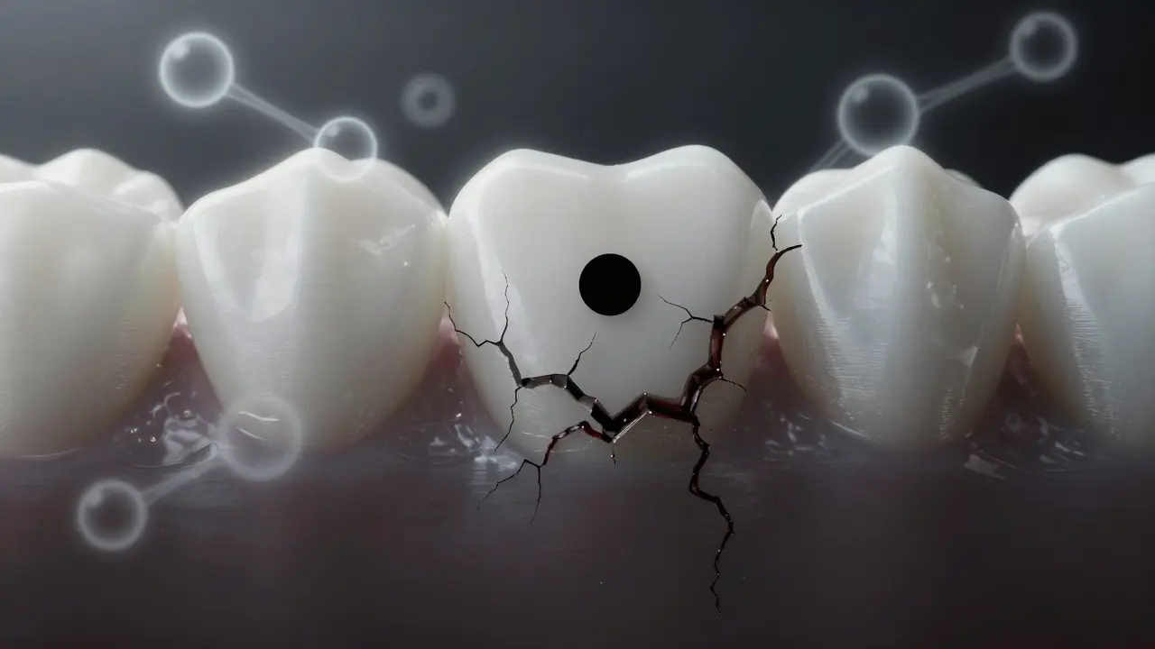 Symbolická představa černé tečky jako rozšiřujícího se poškození s ochrannými fluoridovými molekulami.