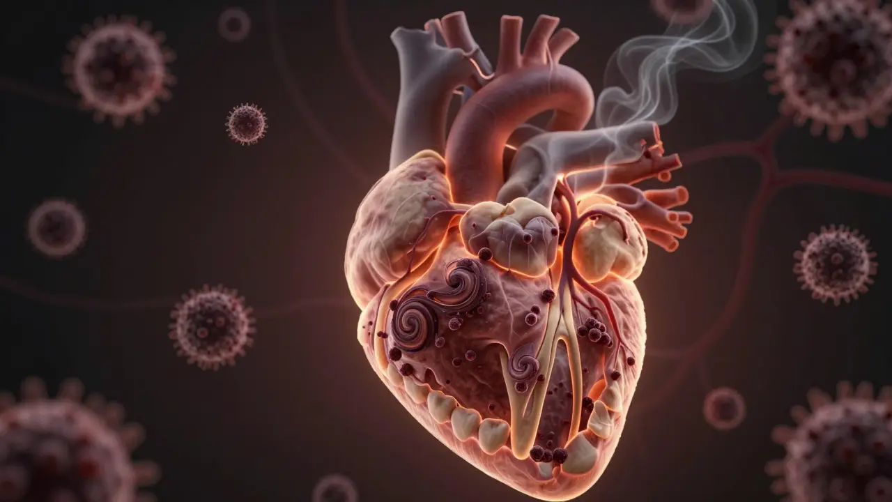 Symbolický obraz zubního kamene a bakterií poškozujících kost a periodontální vazivo.