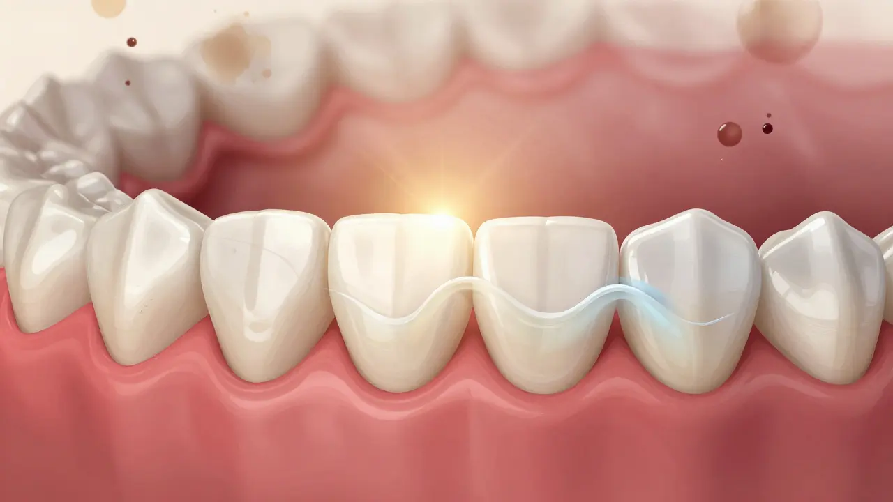 Vnitřní struktura zubu při bělení, kde se pigmenty postupně rozkládají.