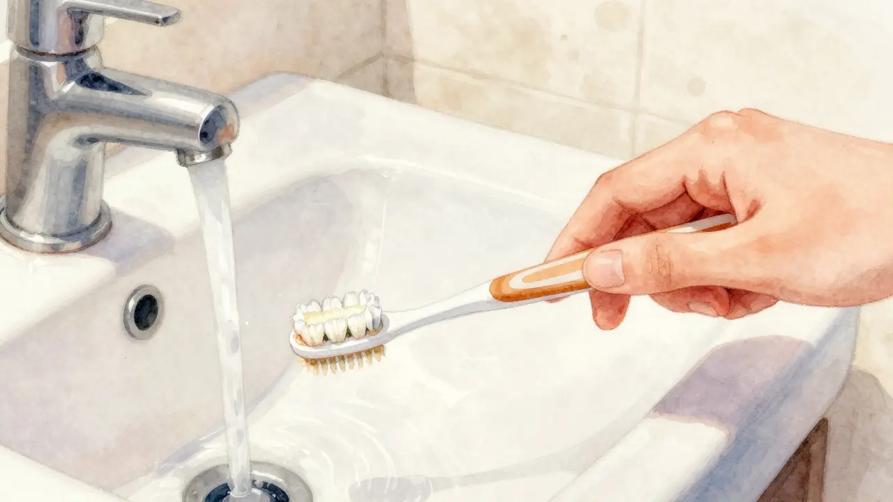 Vodová kresba ruky čistící zuby pod úhlem 45 stupňů, teplé barvy.