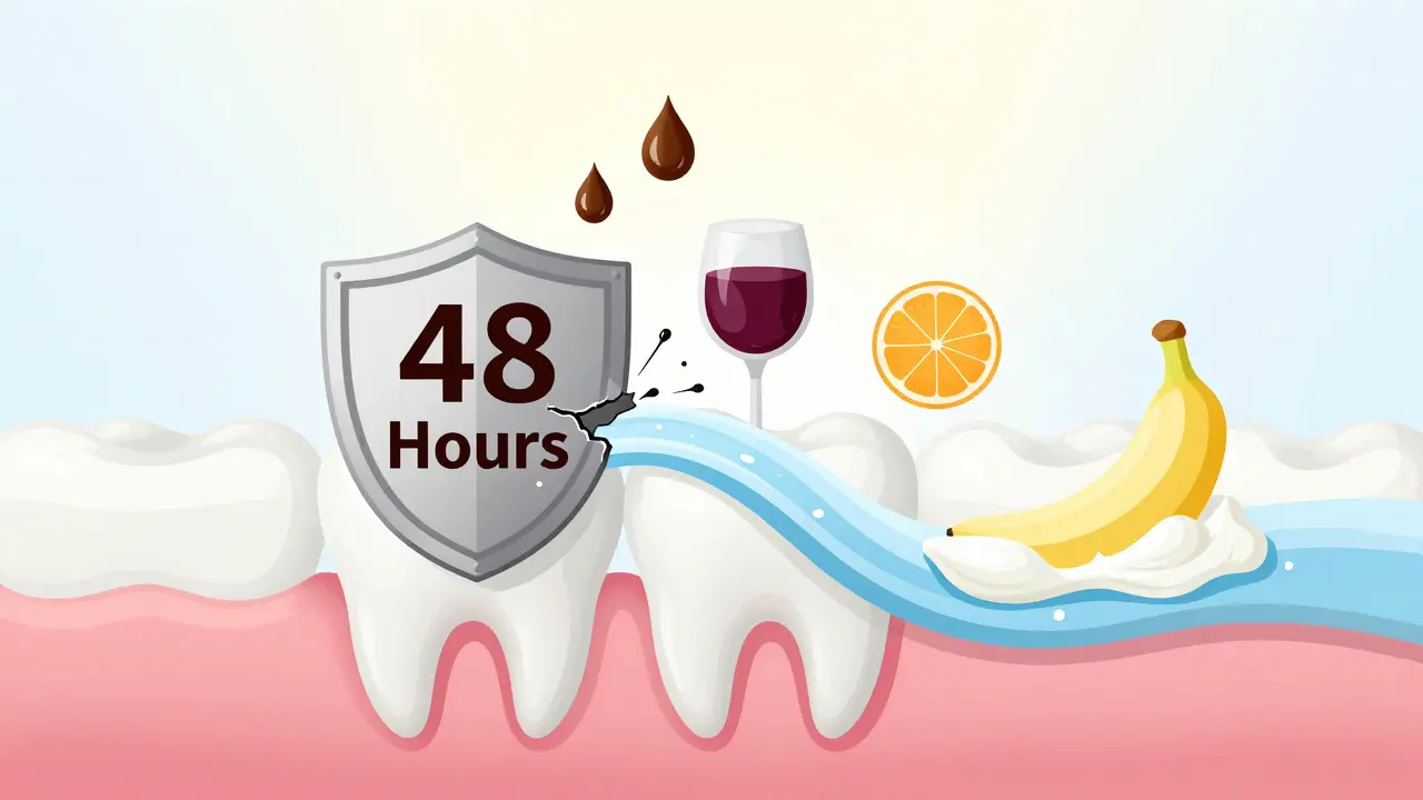 Zub chráněný štítem '48 hodin' proti tmavým látkám, zatímco voda a bílé potraviny brání ztmavení.