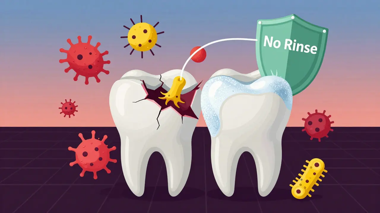 Zub s ochrannou vrstvou fluoridu blokuje kyseliny od bakterií, floss a štít 'Nepláchnout' zabraňují poškození.