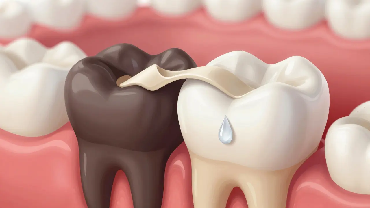 Zub s vrstvou zubního kamene, která je odstraněna, odhaluje citlivou sklovinku.