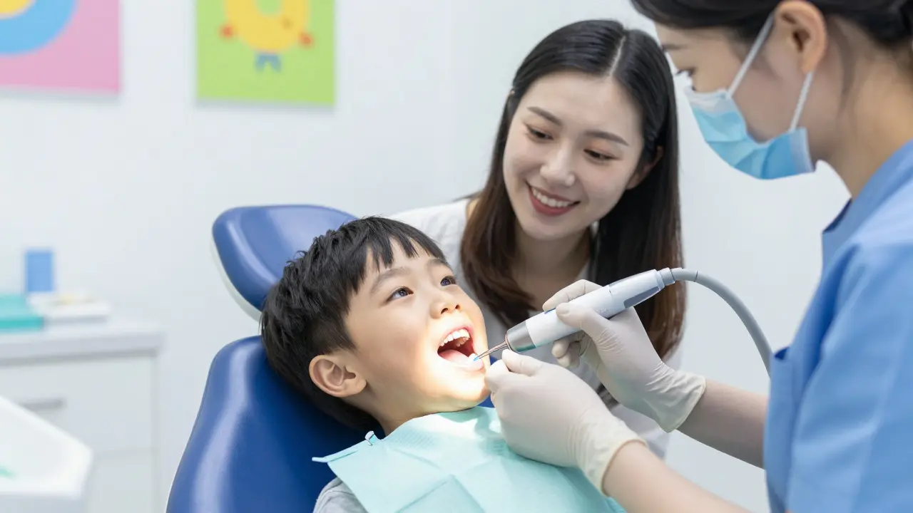 Zubní lékař jemně odstraňuje zubní kámen u dítěte v přívětivém klinice.