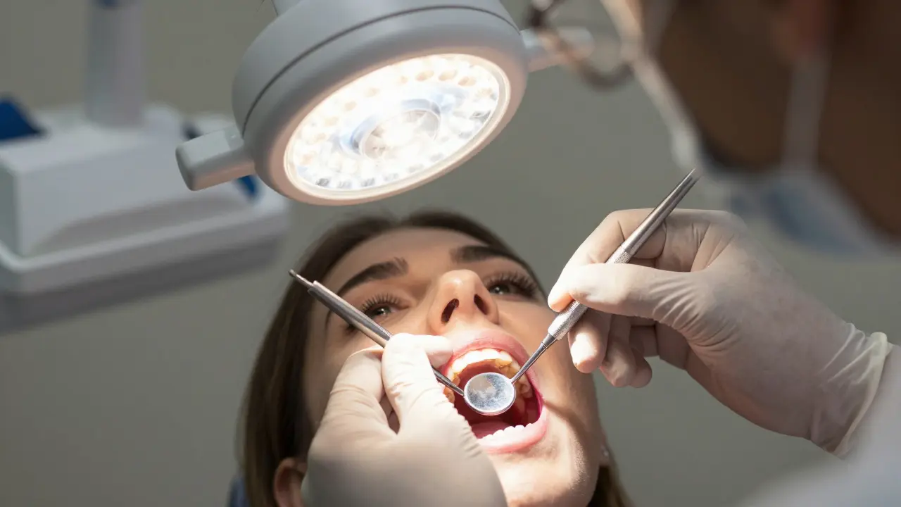 Zubní lékař prohlíží zub zrcátkem a světlem v ordinaci.