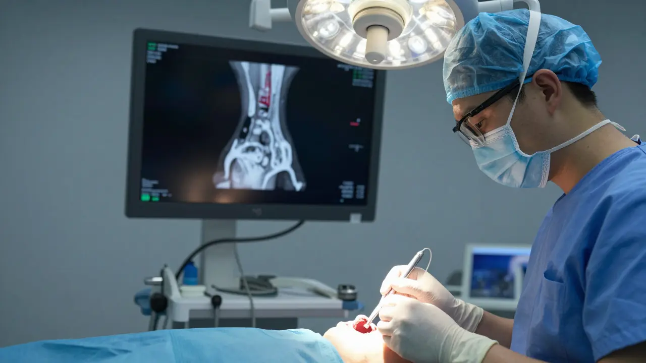 Zubní lékař provádí regeneraci kosti pomocí transplantátu, s 3D snímkem v pozadí.