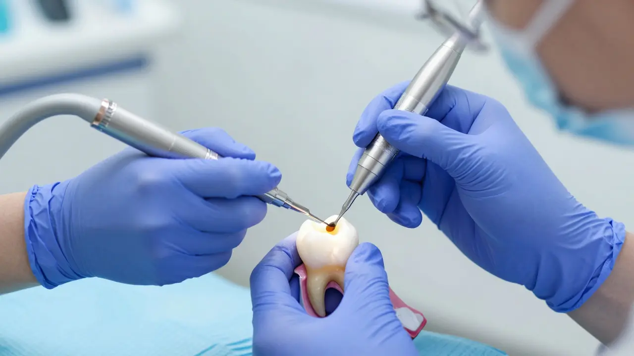 Zubní lékař vkládá novou kompozitní plombu do zubu.