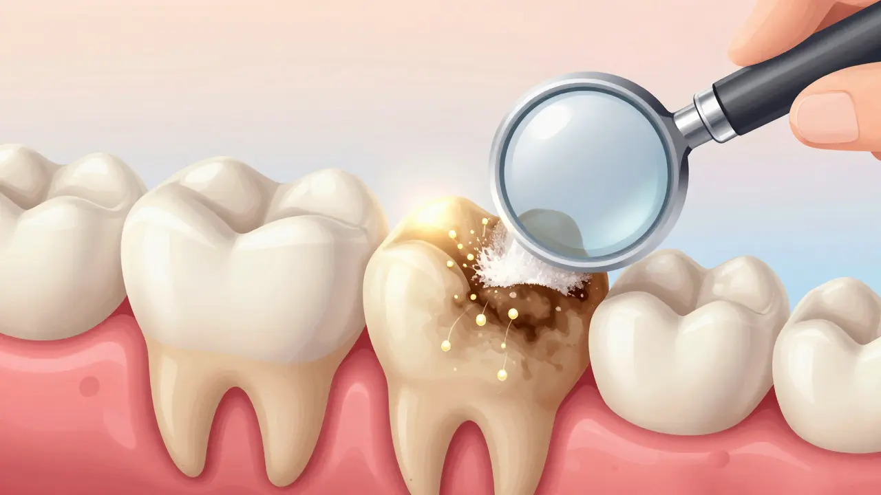 Zvětšený pohled na zub s odstraněným biofilmem a regenerací sklovinové vrstvy.