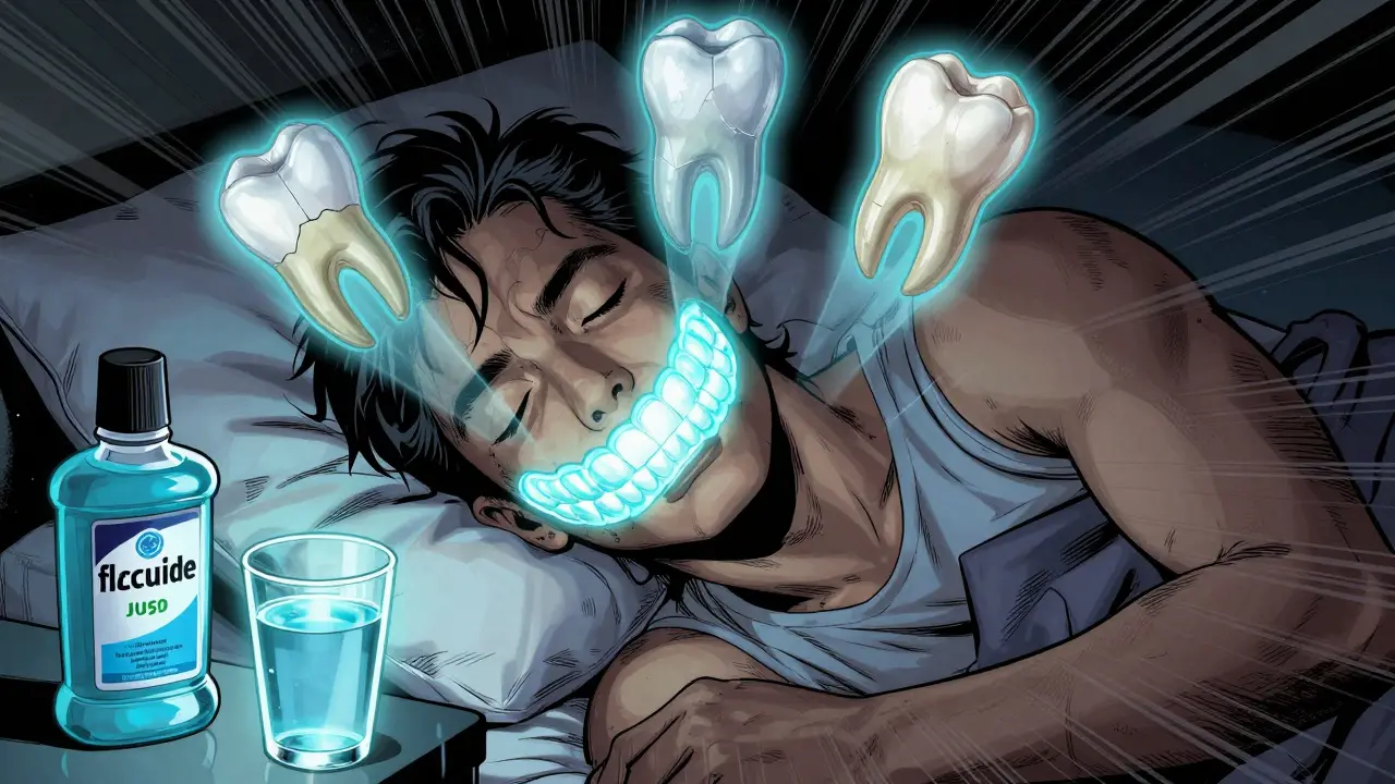 Člověk spí s noční ochrannou destičkou, která chrání zuby před škrábáním.