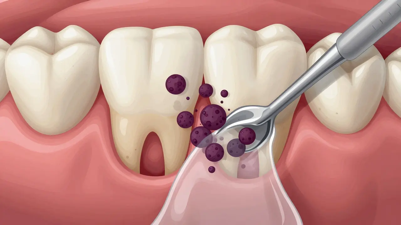 Dentální sonda prozkoumává parodontální kapsu plnou bakterií a kamenů.