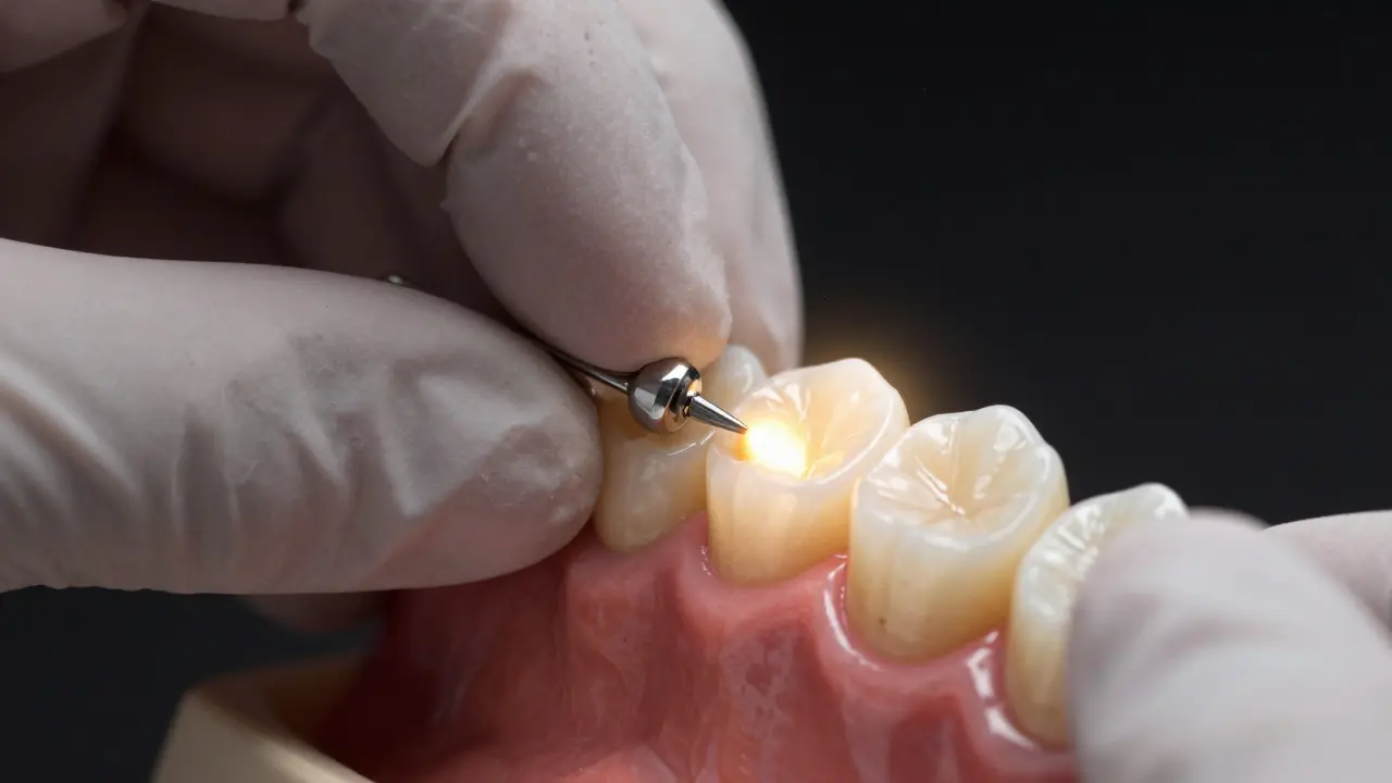 Dentista přilepuje tenkou keramickou fazetu na zub, světlo se láme v materiálu, detailní zobrazení procesu.