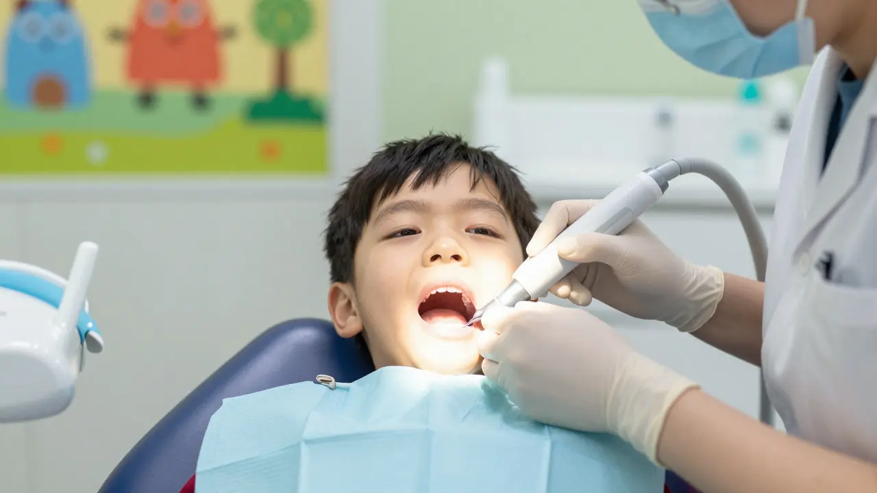 Dítě dostává odborné odstranění zubního kamene u zubaře bez bolesti.