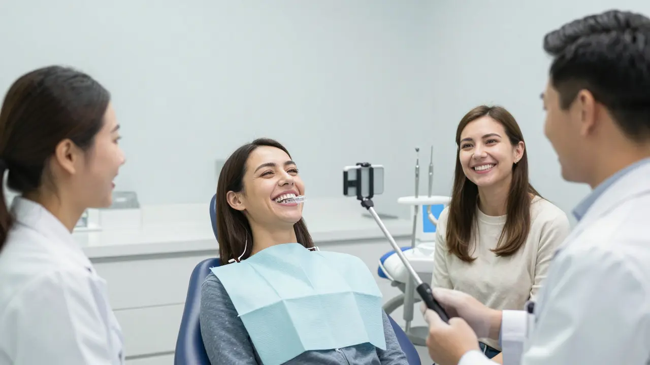 Dospělí pacienti v ortodontické klinice, jeden s průhlednými rovnadami, směje se