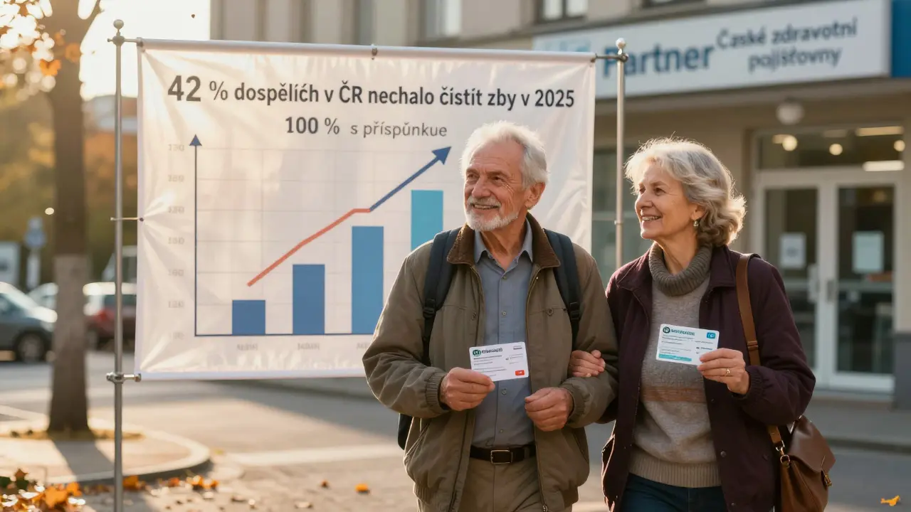 Dva dospělí lidé vycházejí z kliniky s průkazy, za nimi graf ukazující prevenci zubních onemocnění.